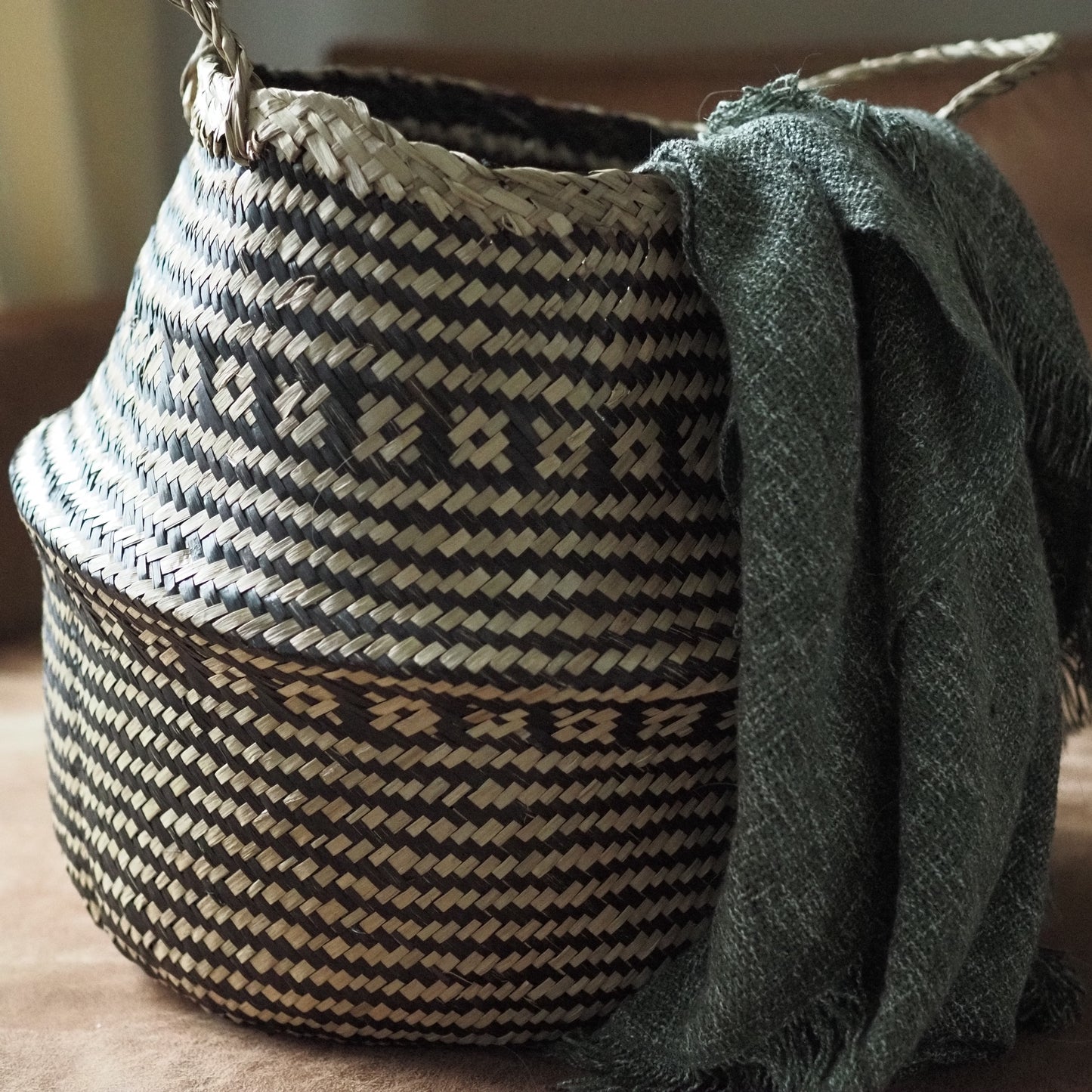 Seagrass belly basket ethnic pattern