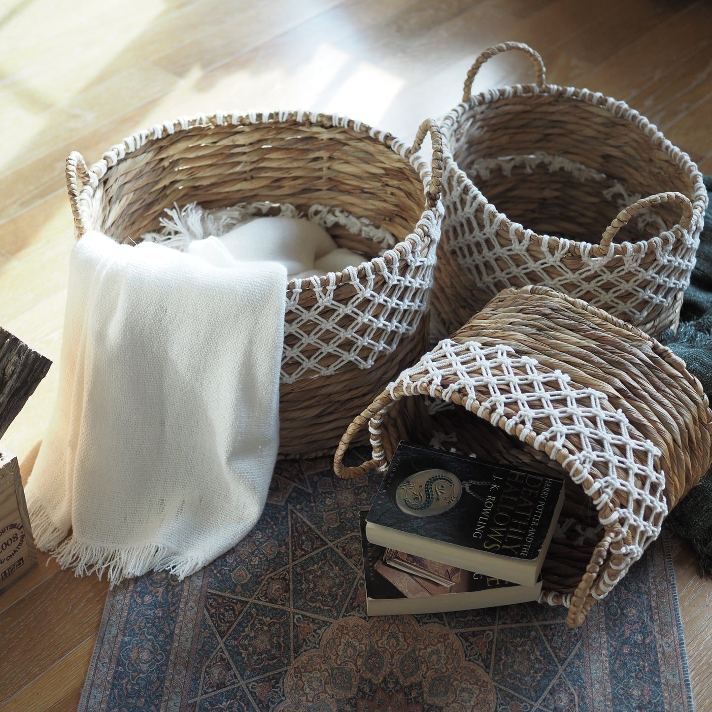 Set 3 water hyacinth baskets ethnic braids