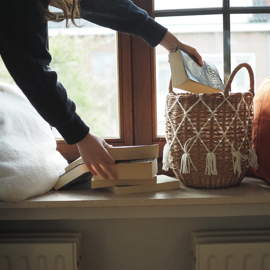 Rattan basket with white macrame